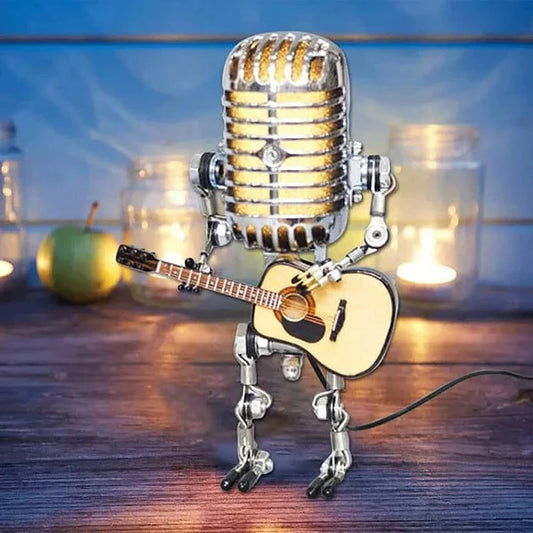 Vintage Metal Microphone Robot With Guitar Lamp