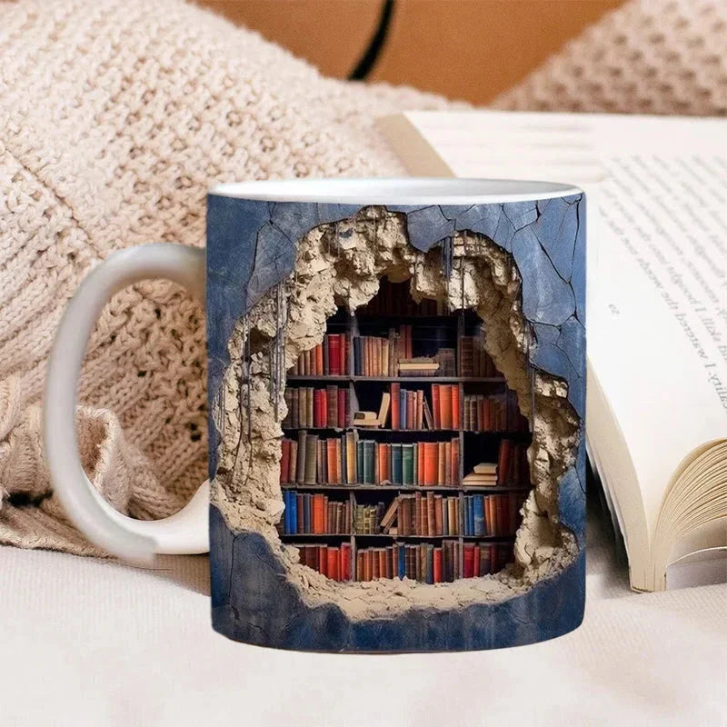 3D Library Bookshelf Mug, Coffee Mugs Gift for Book Lovers