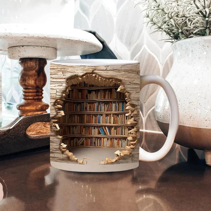 3D Library Bookshelf Mug, Coffee Mugs Gift for Book Lovers