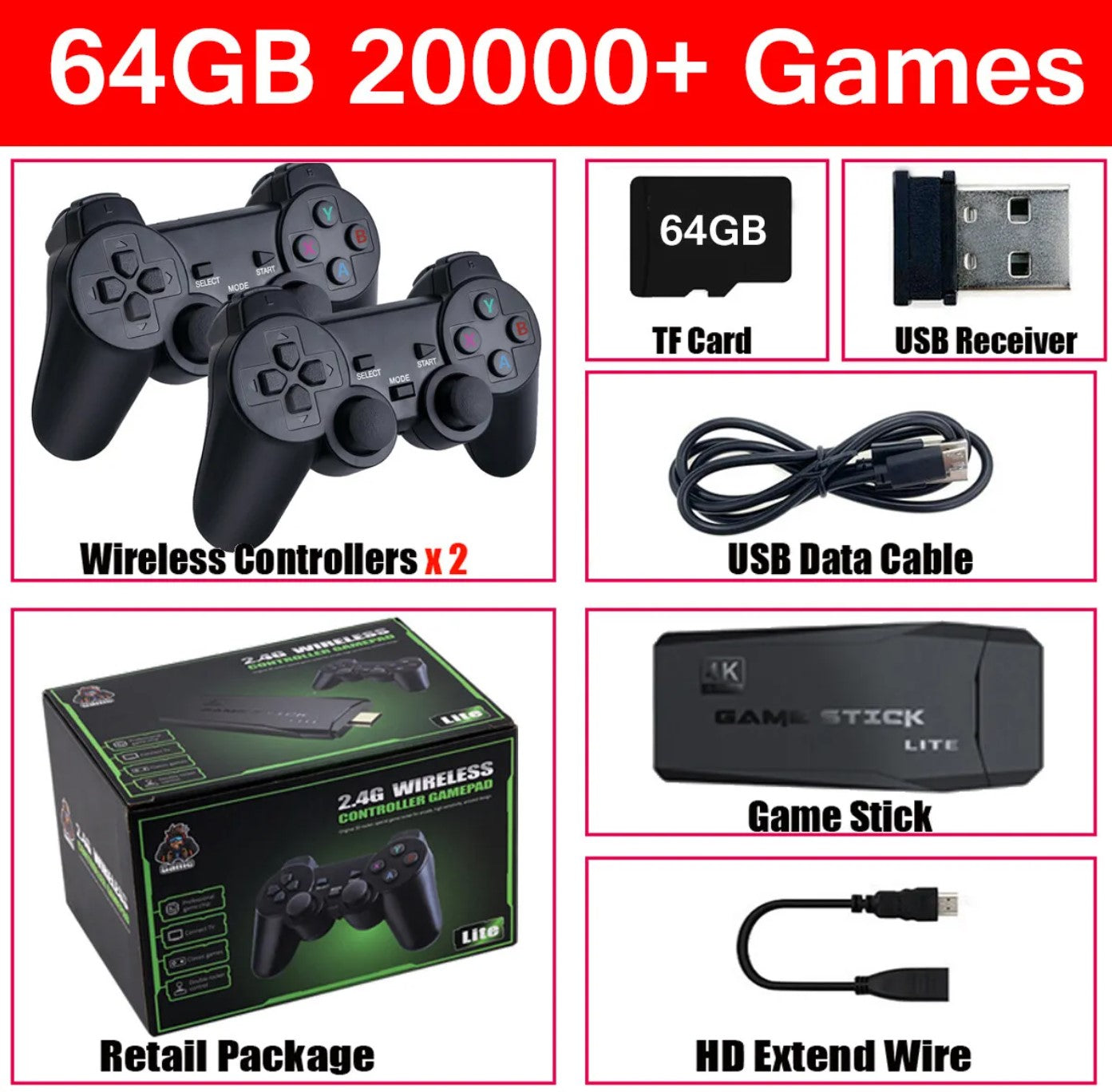 HDMI 4K TV Game Stick Console | 64GB with 20,000+ Retro Games & 2 Wireless Gamepads