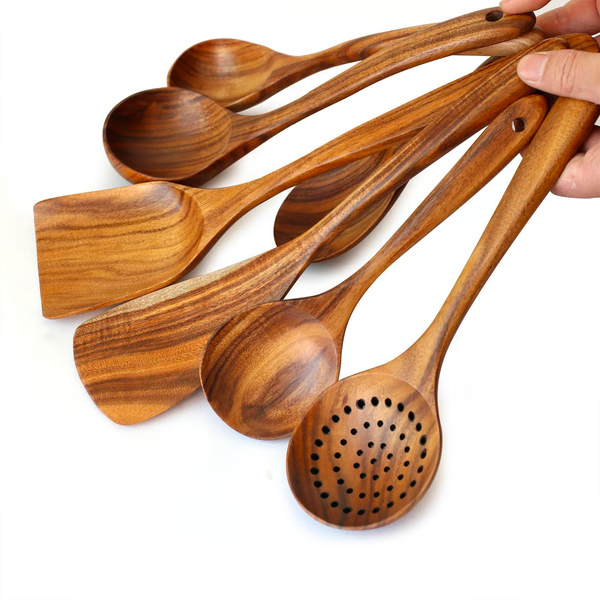 Premium Natural Teak Wood Kitchen Utensils – Eco-Friendly, Non-Toxic Cooking Spoons, Cookware for Home Everyday Use