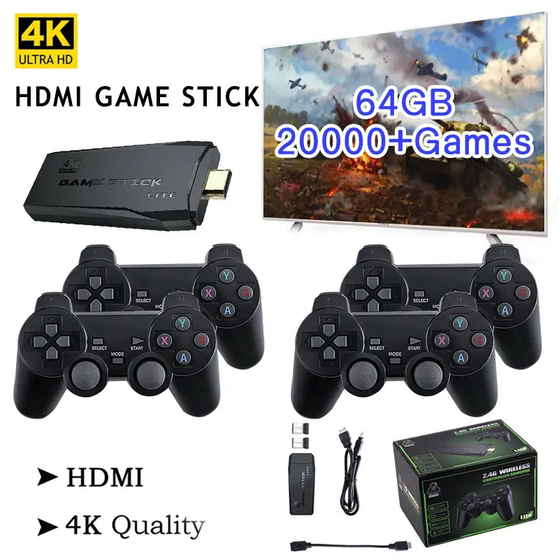 HDMI 4K TV Game Stick Console | 64GB with 20,000+ Retro Games & 2 Wireless Gamepads