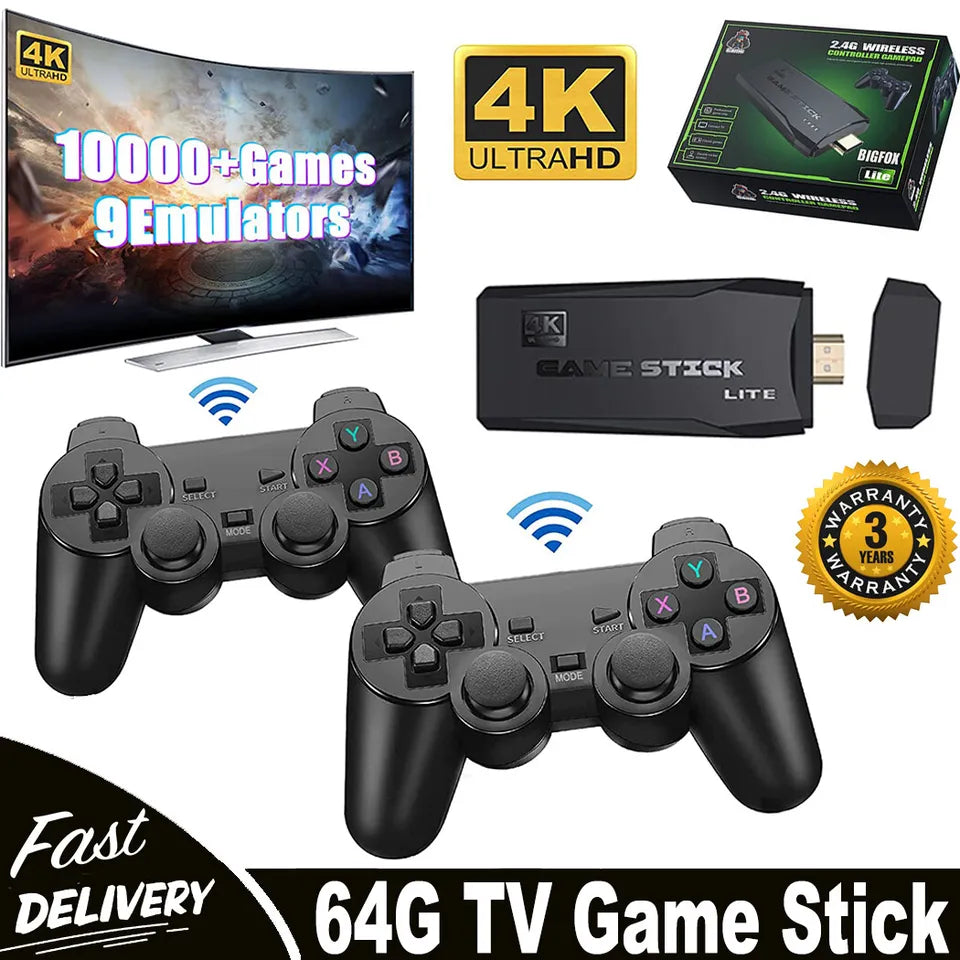 HDMI 4K TV Game Stick Console | 64GB with 20,000+ Retro Games & 2 Wireless Gamepads